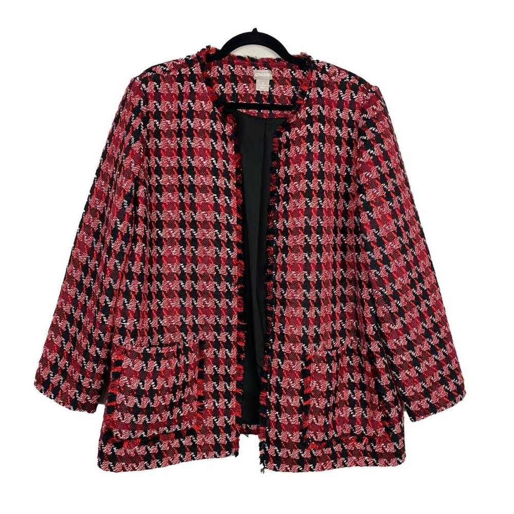 Chicos Jacket Open Front Red Black Fringy Long Sleeve Size 3 / US XL